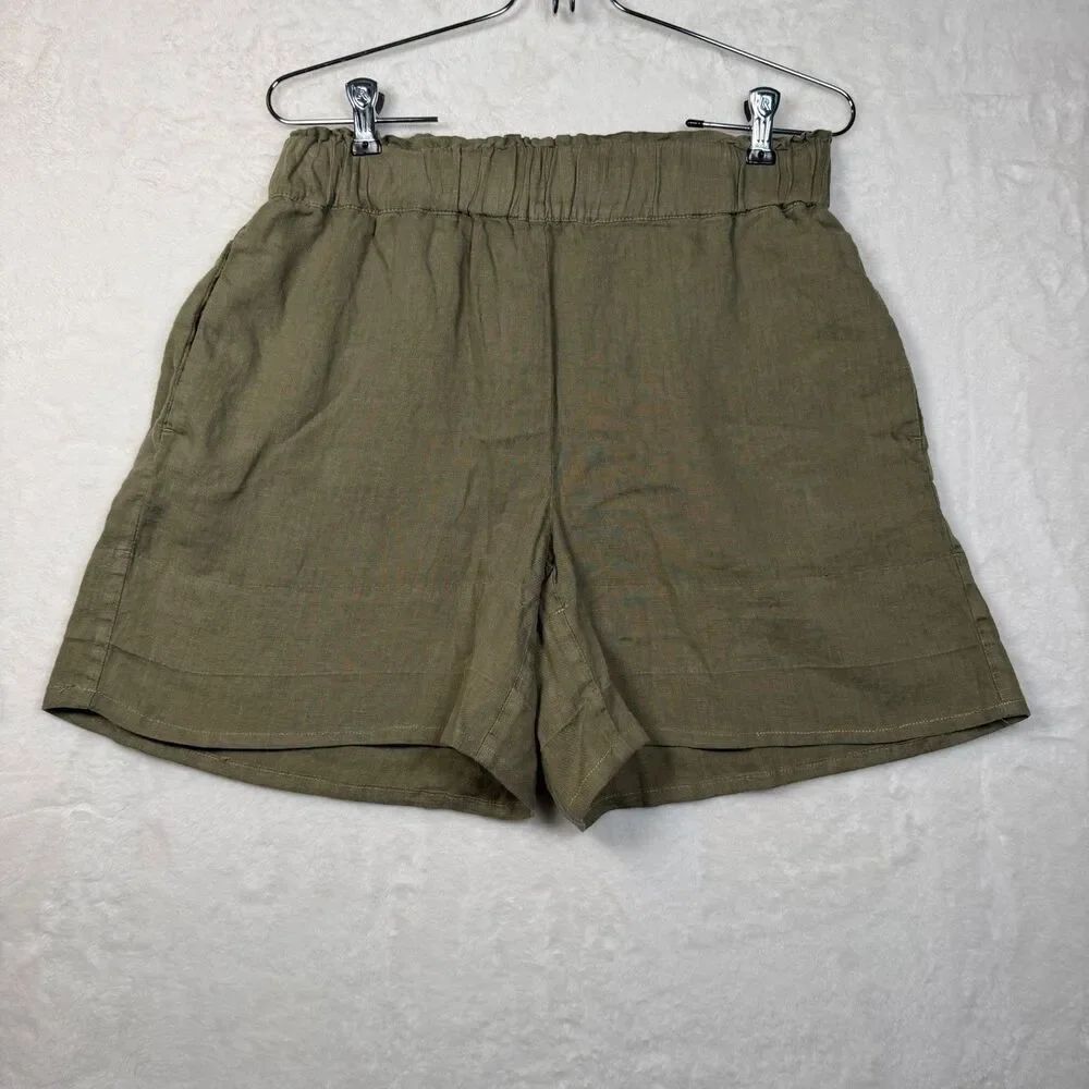 Lou & Grey 100% Linen Shorts Women's Small Green Pull On Elastic Waist Pockets